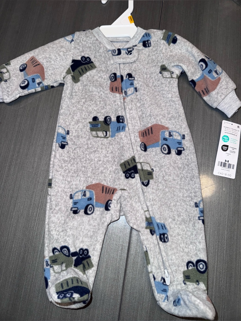 Carter's Gray Fleece Footed One-Piece with Trucks